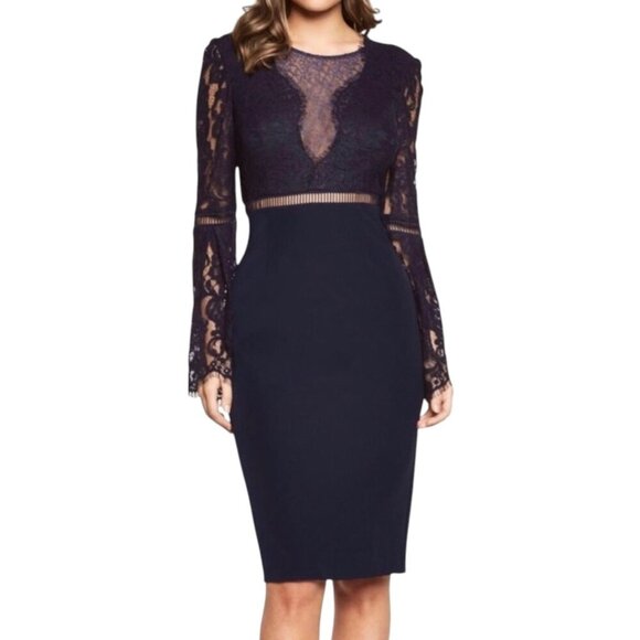Bardot Black Lace Dress w/ Statement Sleeves and Open Back Design Sz 8 - Picture 1 of 11